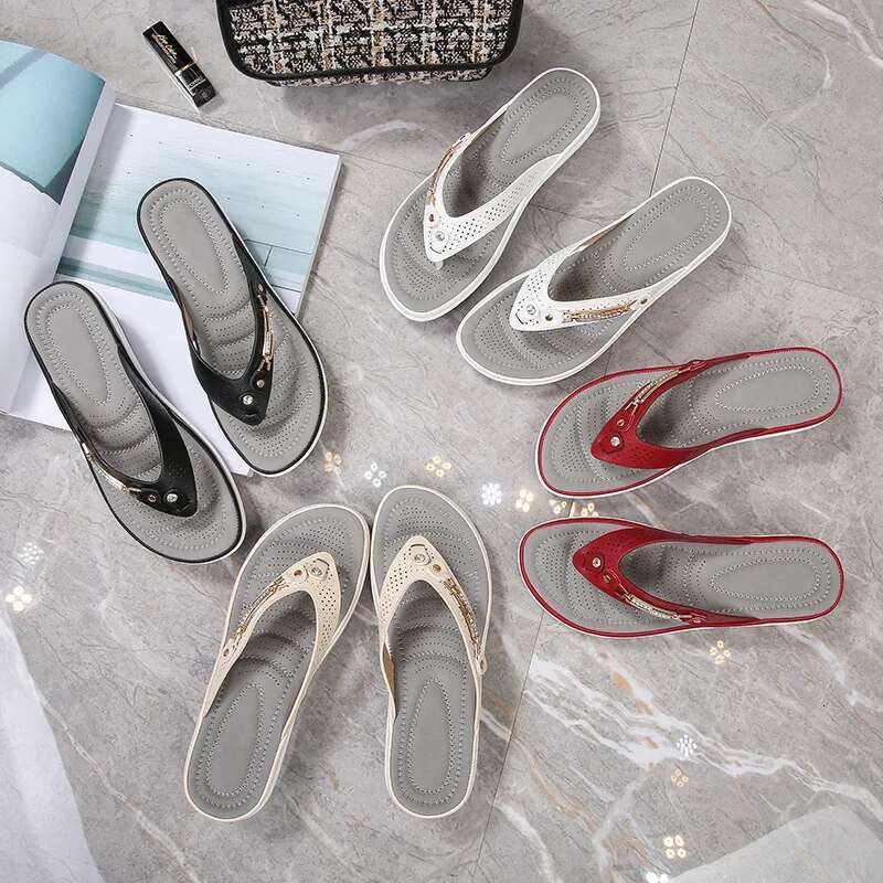 2025 Summer New Slippers Metal Button Designer Fashion Slippers Wedge Beach Sandals Women's Outdoor Platform Casual Flip Cover