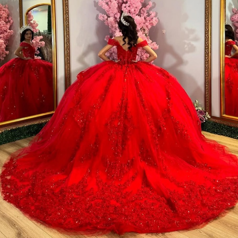 Red Shiny Princess Quinceanera Dresses Sequin Appliqued Lace Beads Tull Bow Sweet 16 Dress Off Shoulder Ball Gown Vestidos De 15 Anos