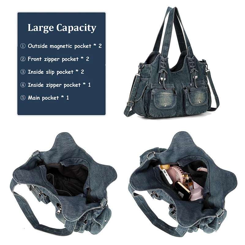 Ipinee Women's Denim Bag Y2k Vintage Blue Jean Purse And Handbags Crossbody Shoulder Wallet Large Capacity