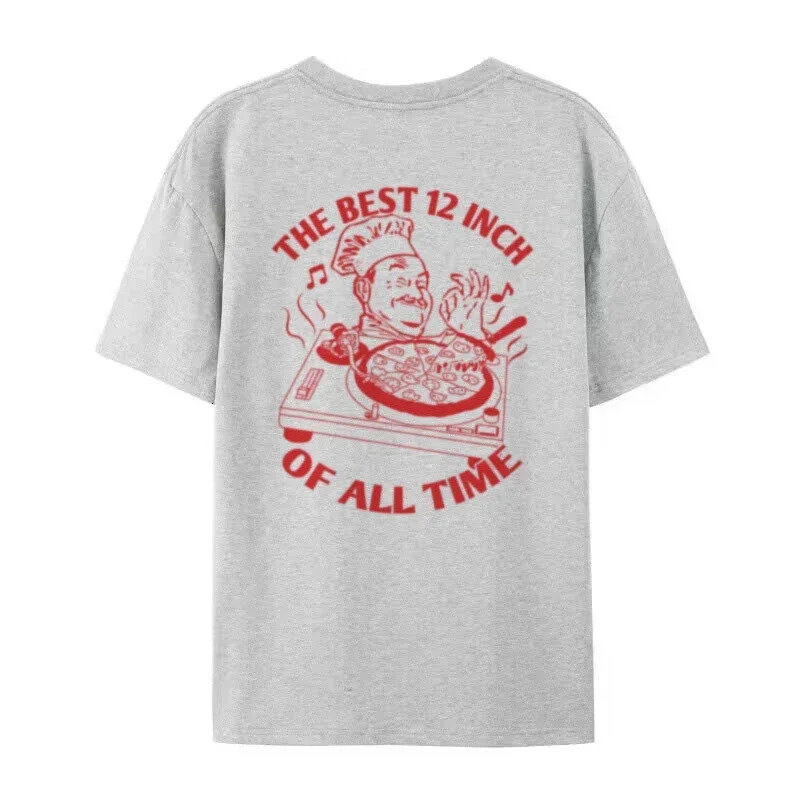 Retro oversized hippie cool pizza vinyl record graphic T-shirt mens street clothing funny food fashion top 250321