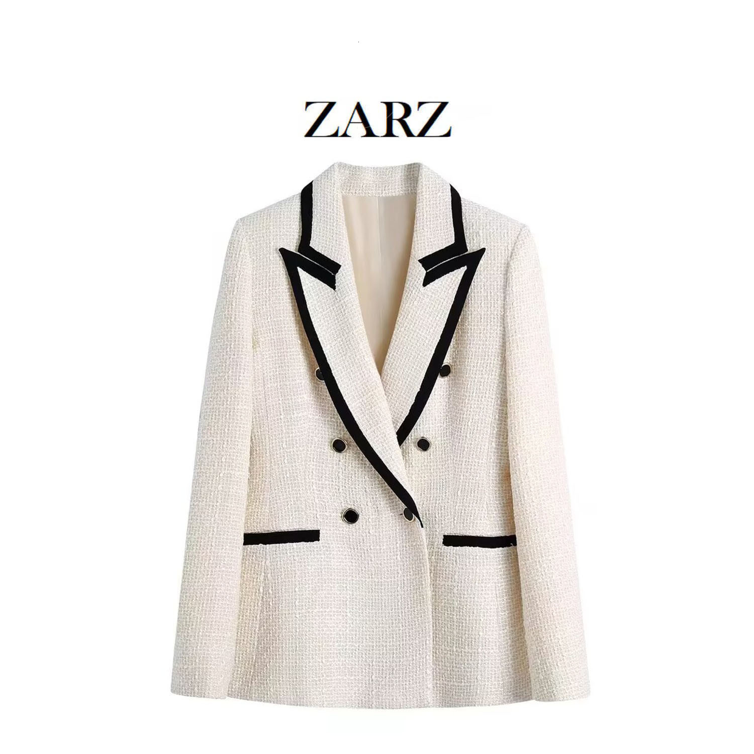 ZARZ Homemade Style New Women's Versatile and Fashionable White Contrast Edging Woolen Coat