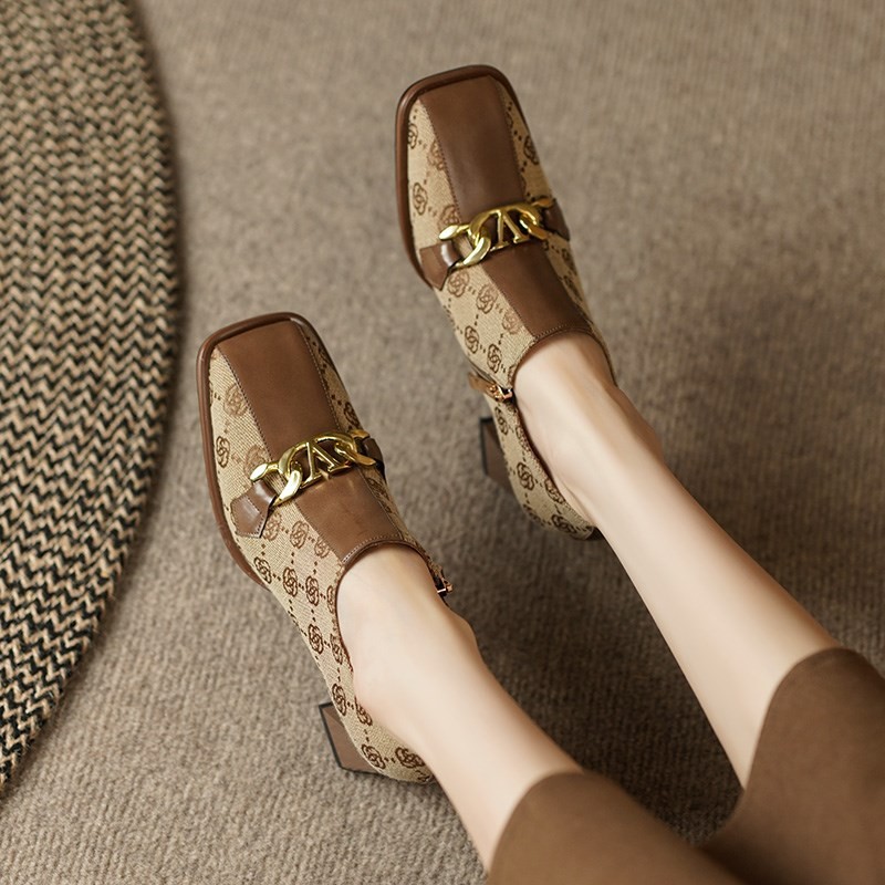 Retro square head chunky heels evening dance shoes women 2025 spring/summer new brown printed high heels outdoor buckle heels