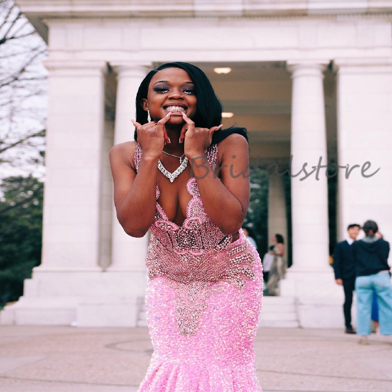 Full Sequined Pink Prom Dress With Rhinestone Mermaid Sparkly Evening Dress Beaded Black Women Formal Birthday Party Dress 2025 African Bespoke Occasi