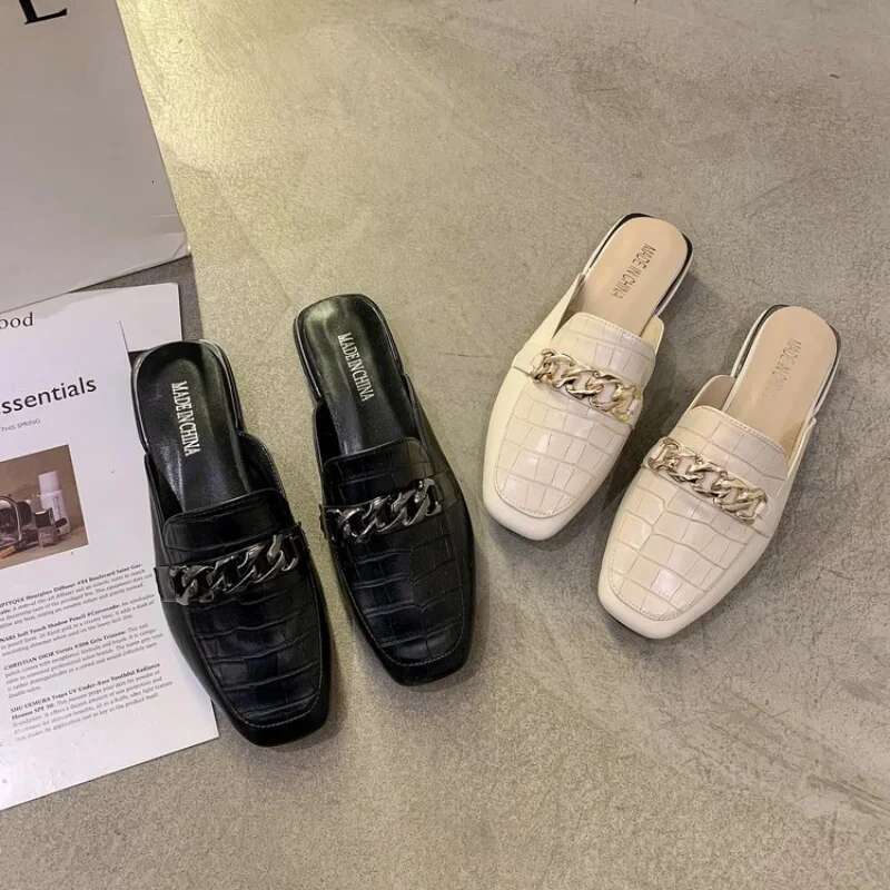 2025 Summer New Chain Mule Women's Designer Fashion Slippers Square Toe Women's Striped Shoes Summer