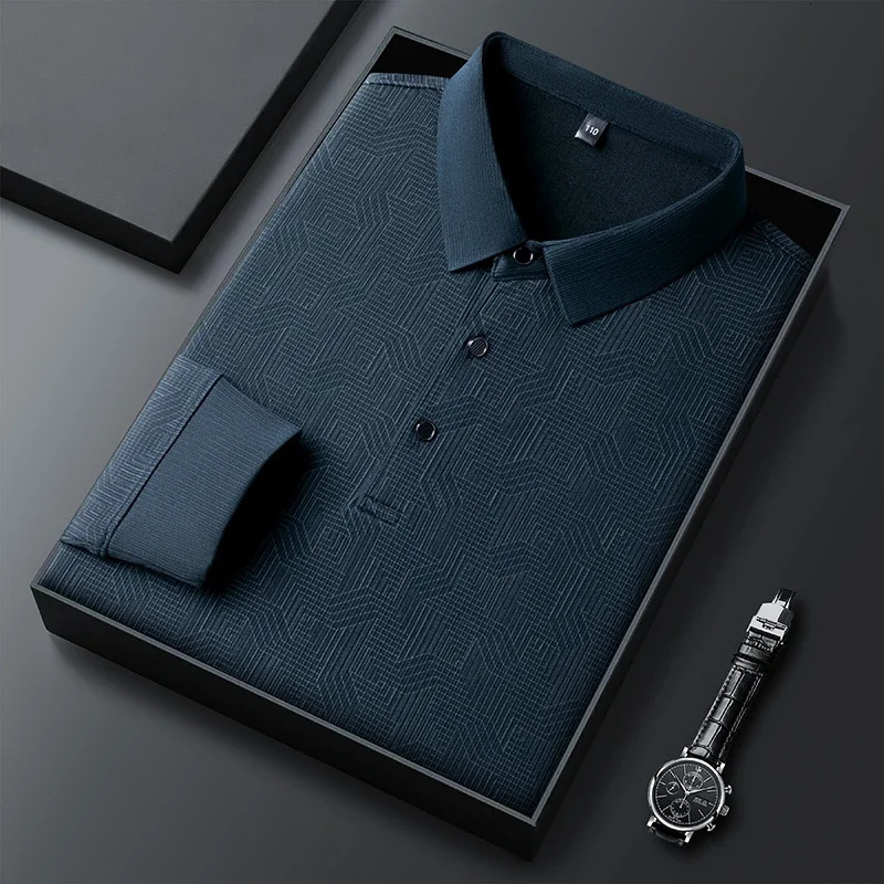 mens business casual long sleeved shirt with badge solid color polo fashionable breathable and comfortable lapel top y250326