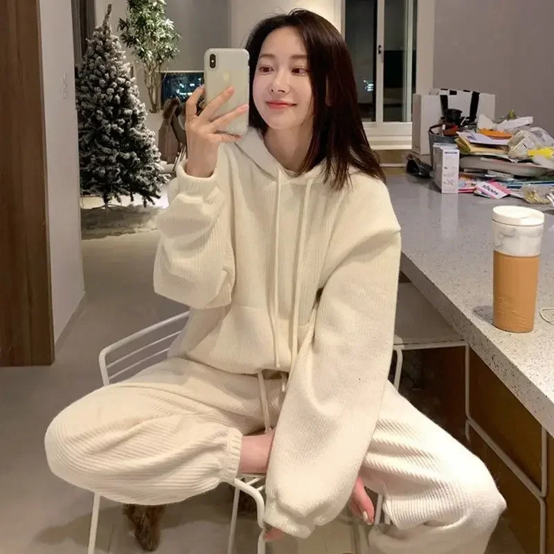 Casual sportswear womens winter Korean style loose waffle hooded jacket wide leg pants lazy style two-piece set 250320