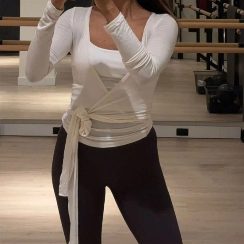 Womens Yoga Shirts Wrap Ruched Tie Front Long Sleeve Workout T Sexy Deep V Neck Slim Fit Casual Cropped Top 250326