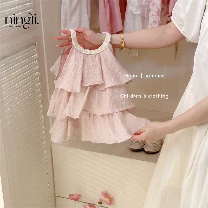 Girls casual dress summer new childrens clothing sweet vest baby cake 2024 round neck fashionable soil sweet pink W250326