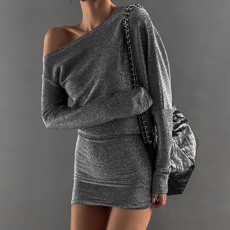 2025S Fashion Designer Q DS Women S With A Sloping Collar Sexy Off Shoulder Sequins Waist Bag And Hip Short Style Dress