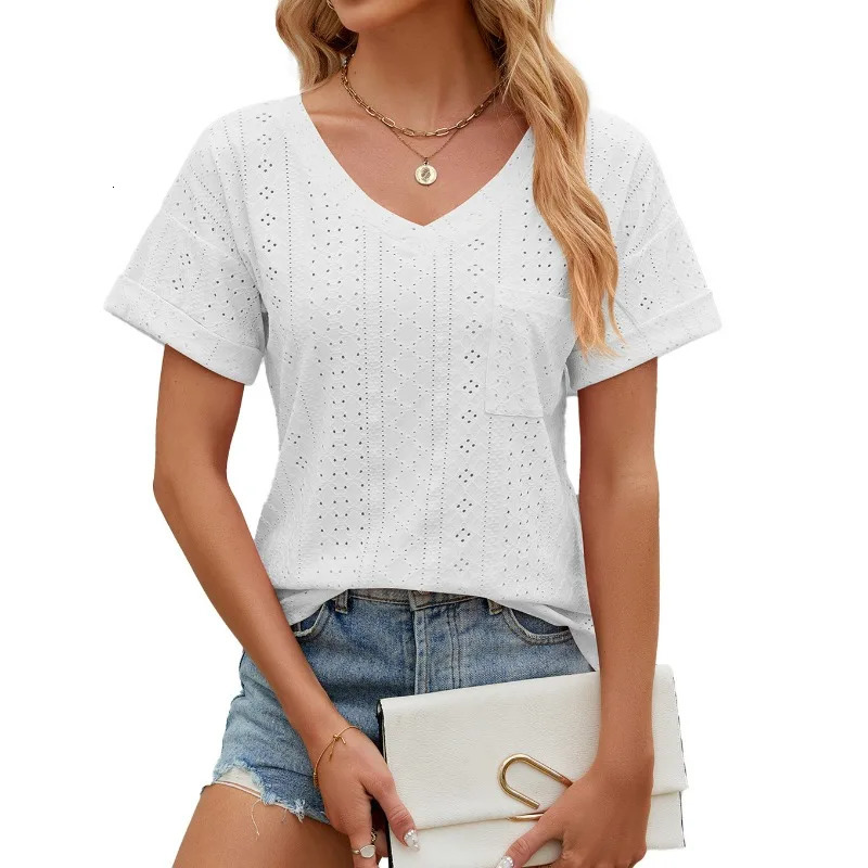 Womens summer fashion hollow pocket basic T-shirt street clothing casual V-neck short sleeved solid loose chic top Ropa De Mujer 250321
