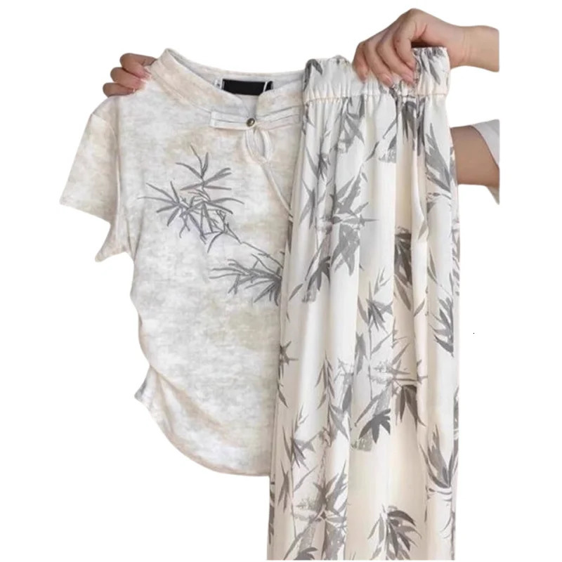 buckle tie dye short sleeved T-shirt for women bamboo leaf wide leg pants casual and fashionable womens two-piece set 250321