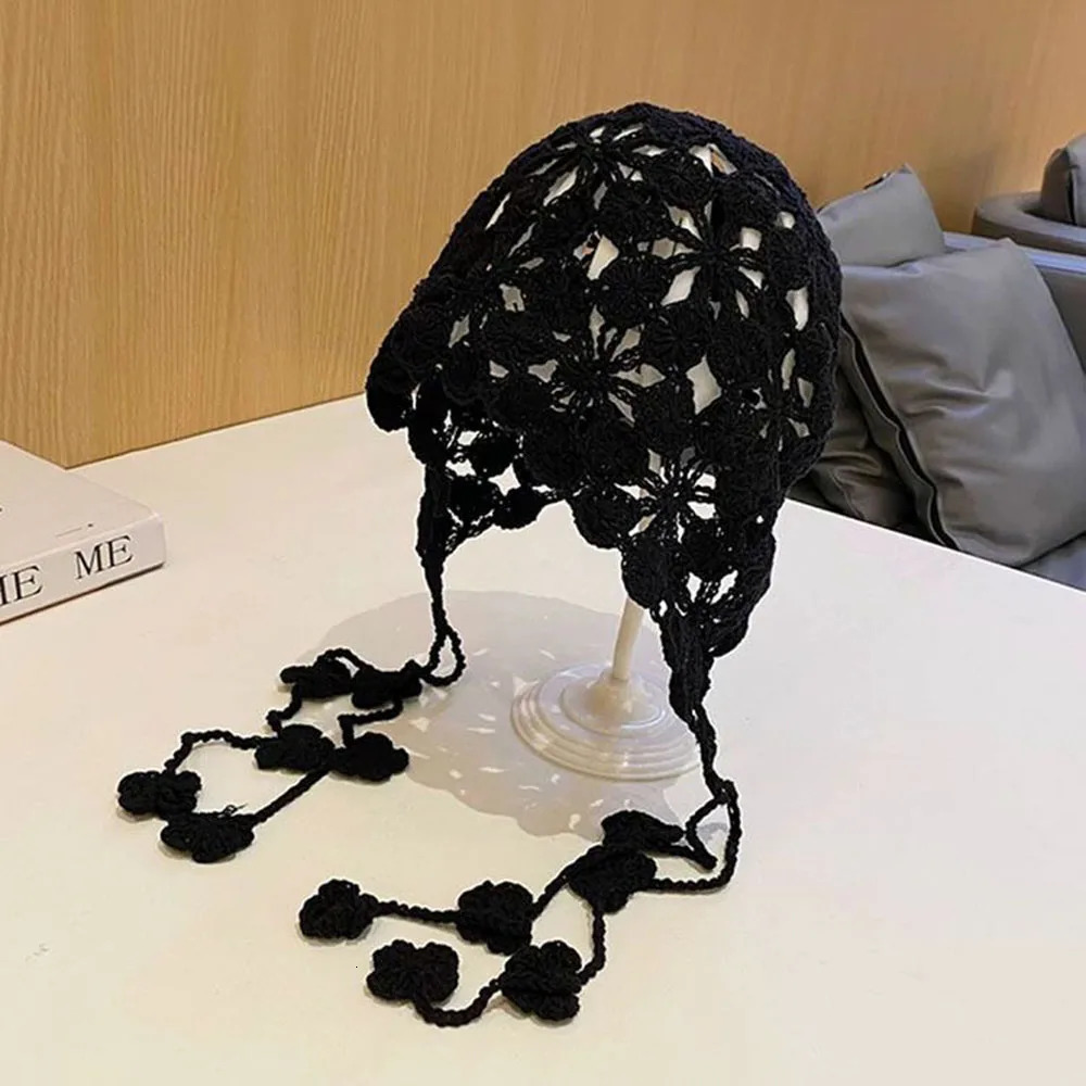 Fashion Handmade Crochet Hollow Knit Cap Women Girl Y2K Sweet Berets Retro Casual Turban Mesh Flower Pullover Hat Skullies Hat 250321