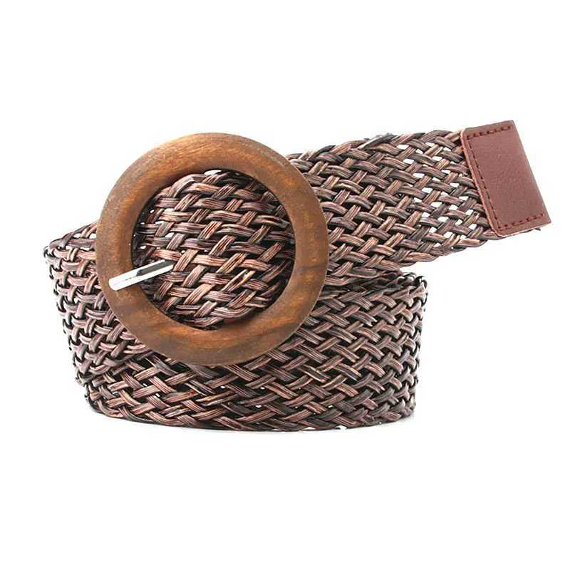 Woven waist belt black coffee womens belt retro Bohemian round wood smooth buckle fake straw wide belt womens belt W250326