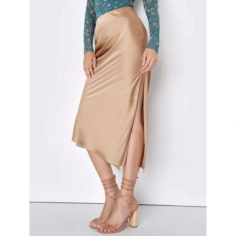 Dongdumaoyi Dames Tie Taille Satijnen Midi Rok Hoge Split Rechte Zoom Effen Kleur Elegante Lange A