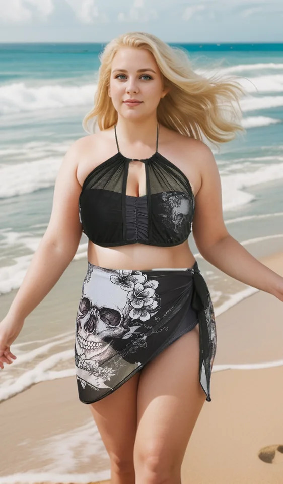 ROSEGAL Plus Size Womens Swimsuit 3 Piece Set Summer Halter Ruched Skull Flower Printed Mesh Asymmetrical Skirt Tankini Bikinis 250324