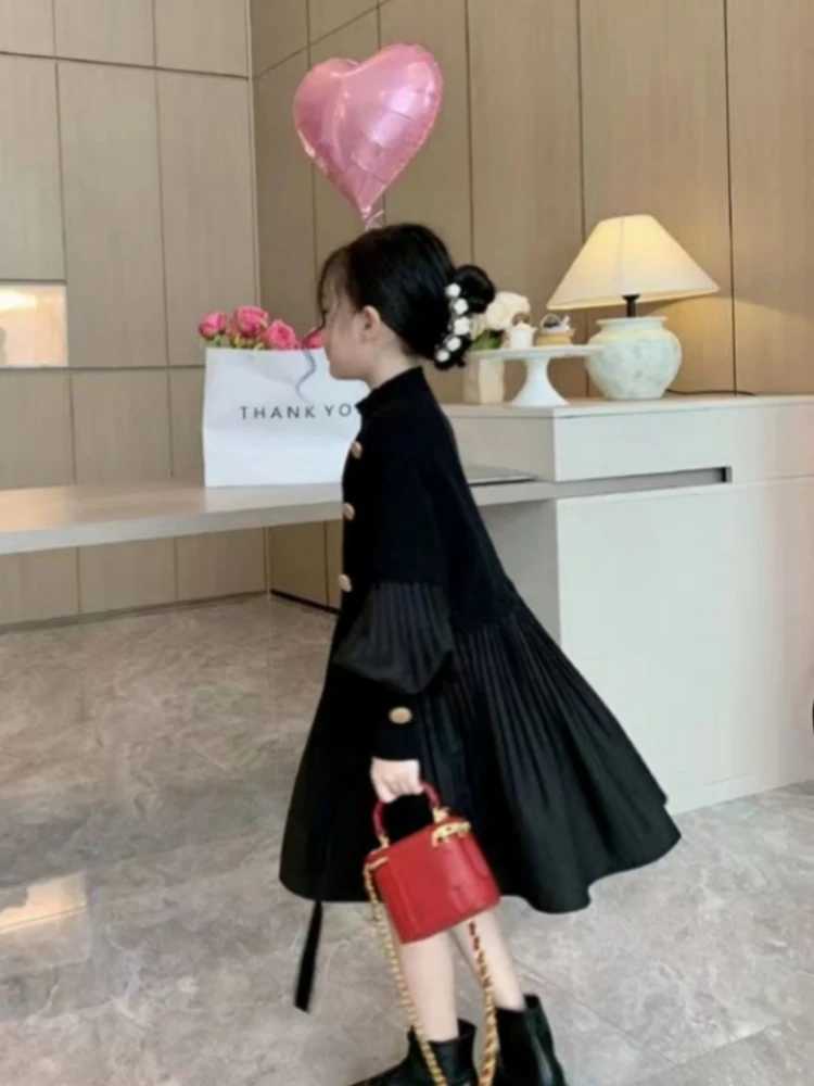 2024 Spring/Summer New Girls Dress Childrens Clothing Black Design Splicing Knitted Folded Dress W250326