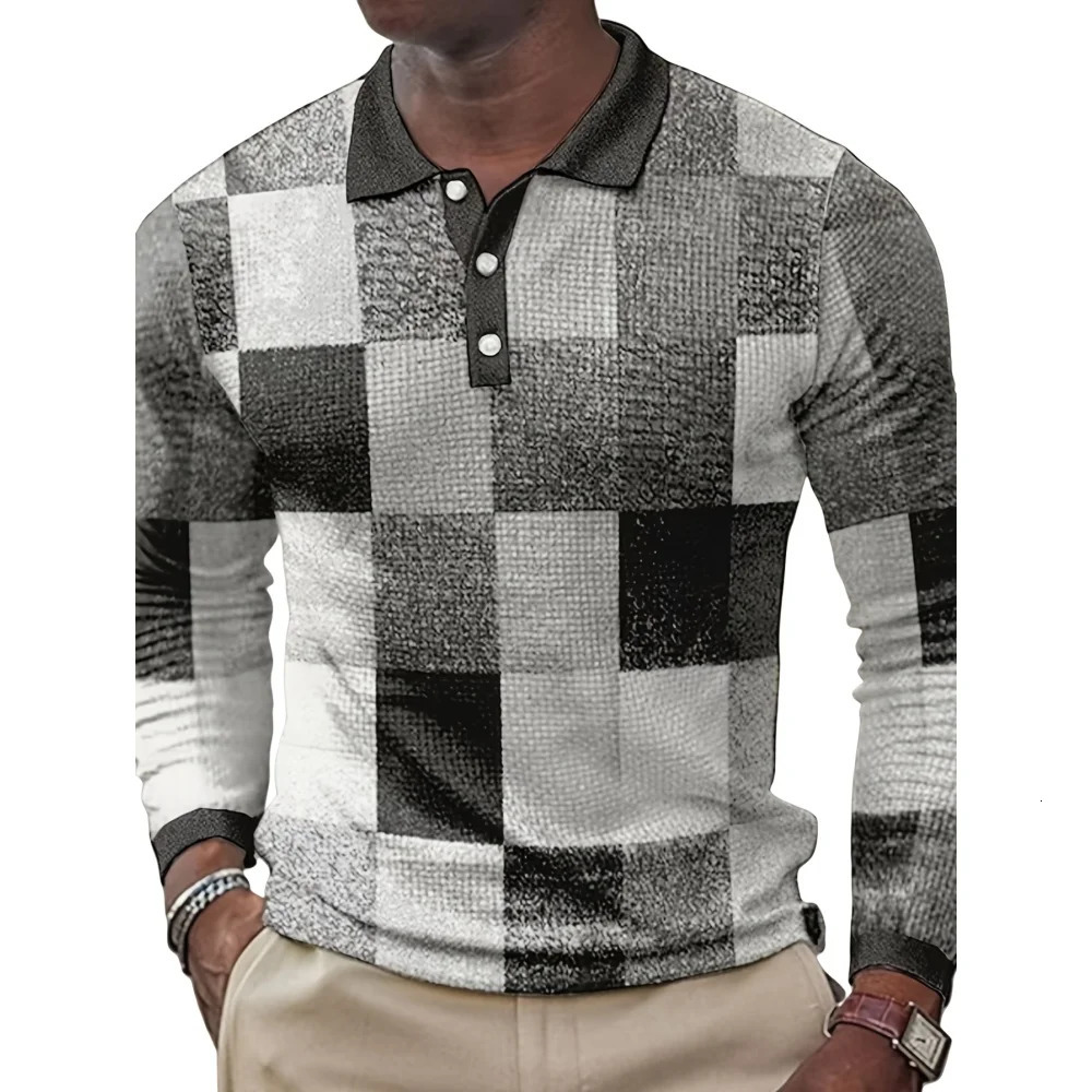 Mens polo shirt plain weave retro printed street fashion lapel long sleeved top outdoor sports button golf clothing mens Tshirt 250326