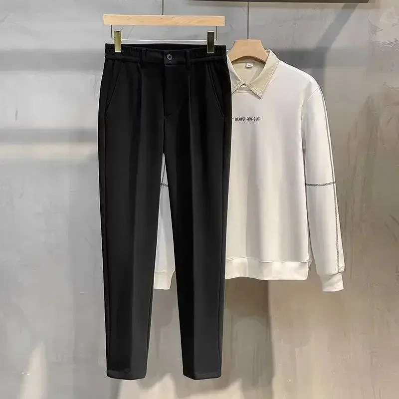 Autumn and winter mens wool suit pants Korean fashion ultrathin straight elastic waist formal business tapered brown Trouser 250326