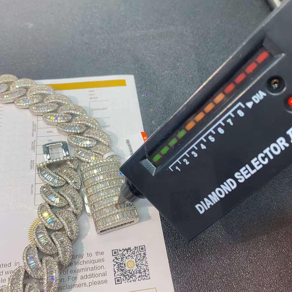 20mm Hip Hop Jewelry Baguette Pass Diamond Tester VVS Moissanite Cuban Link Chain Sterling Silver 925