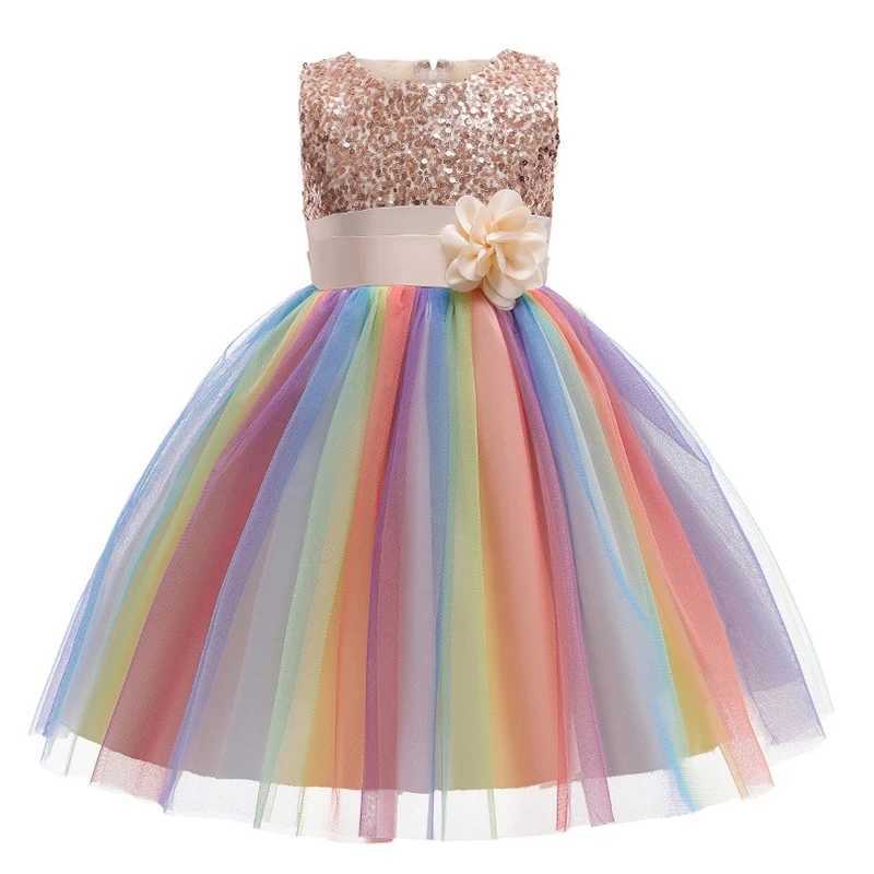 2025 sequin girl dress summer floral fashion rainbow net little princess dress piano performance costume childrens clothing W250326