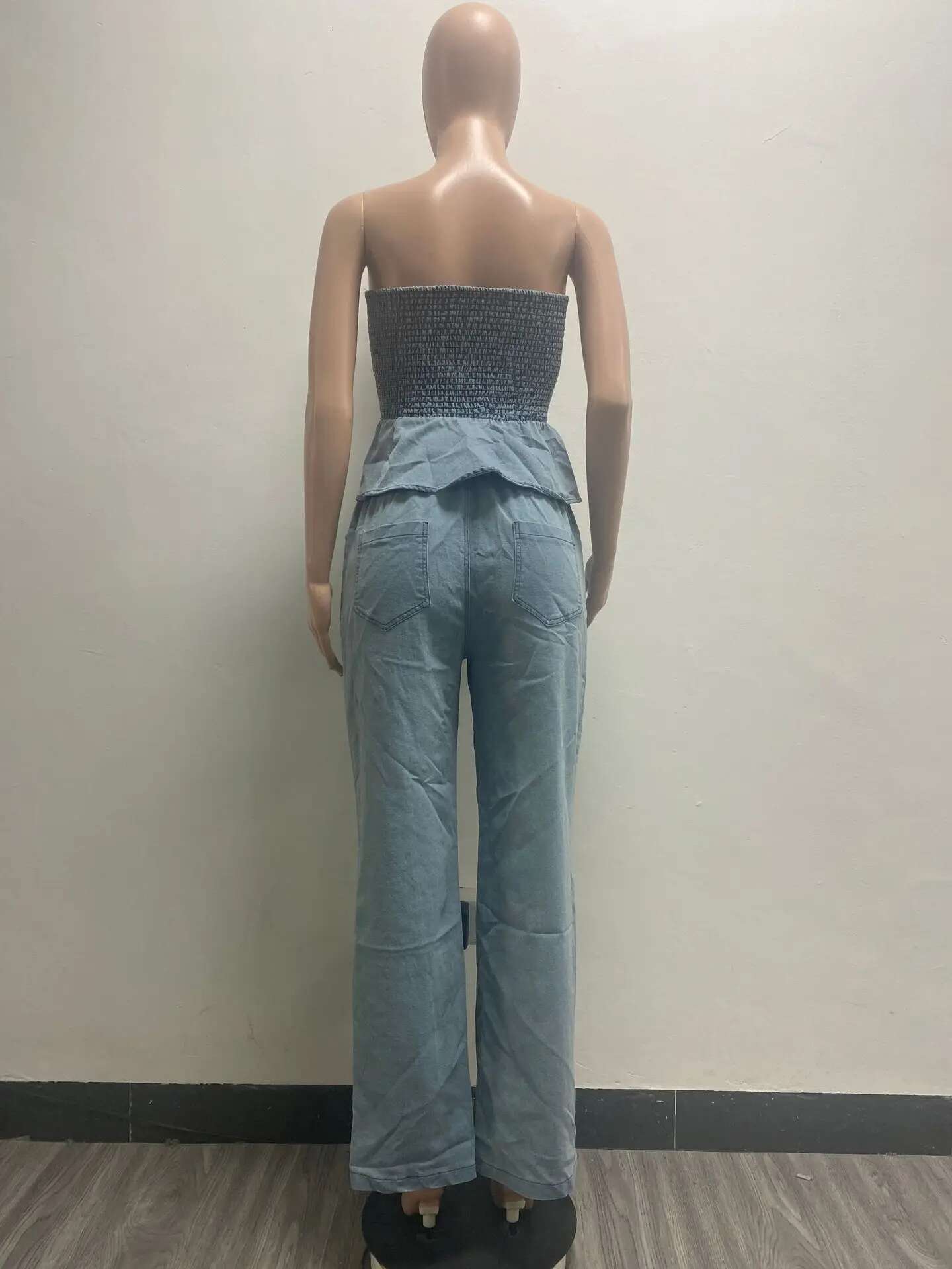 Jeans Wide Leg Pants Outfit Sexy Women Two Pieces Elegant Denim Club Matching Set Ruffles Top+Trousers