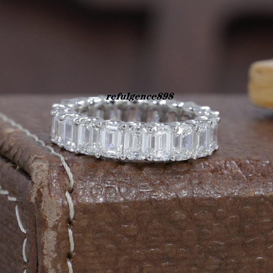 JY Jewelry 18K White Solid Gold Lab Grow Diamond EF Color 4.5*3.2mm Emerald Cut Full Band Eternity Ring HPHT CVD Diamond Stackable Ring