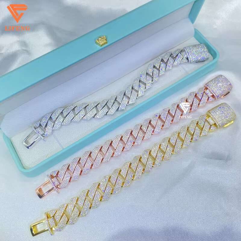 925 Sterling Silver 20mm Bust VVS Moissanite Diamond Cuban Link Chain Bracelet Gold Plated for Men-White Iced Mossanite Jewelry