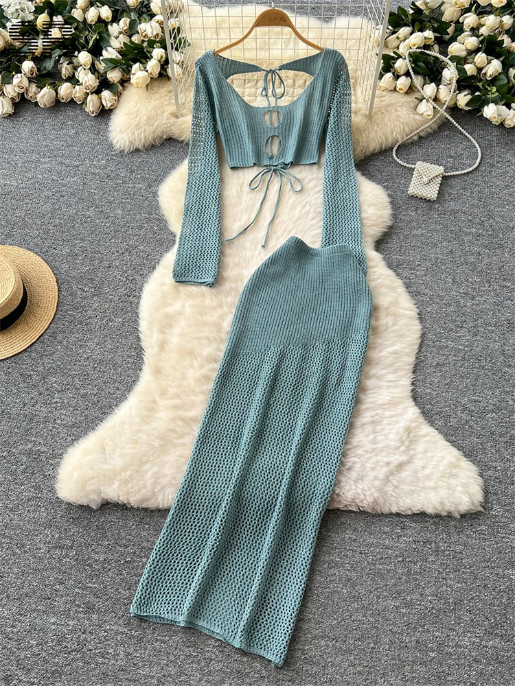 SINGREINY Backless Knitted Two Pieces Suits Women Hollow Out Lace Up Long Sleeve Mini TopsBodycon Skirt Sexy Summer 2pcs Set 250324