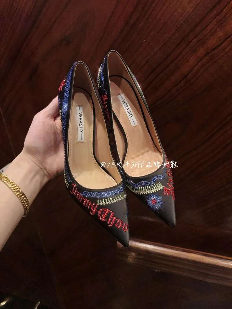 Spring and autumn new pointed shallow rhie embroidered single shoes thin high-heeled banquet dress small size women's shoe