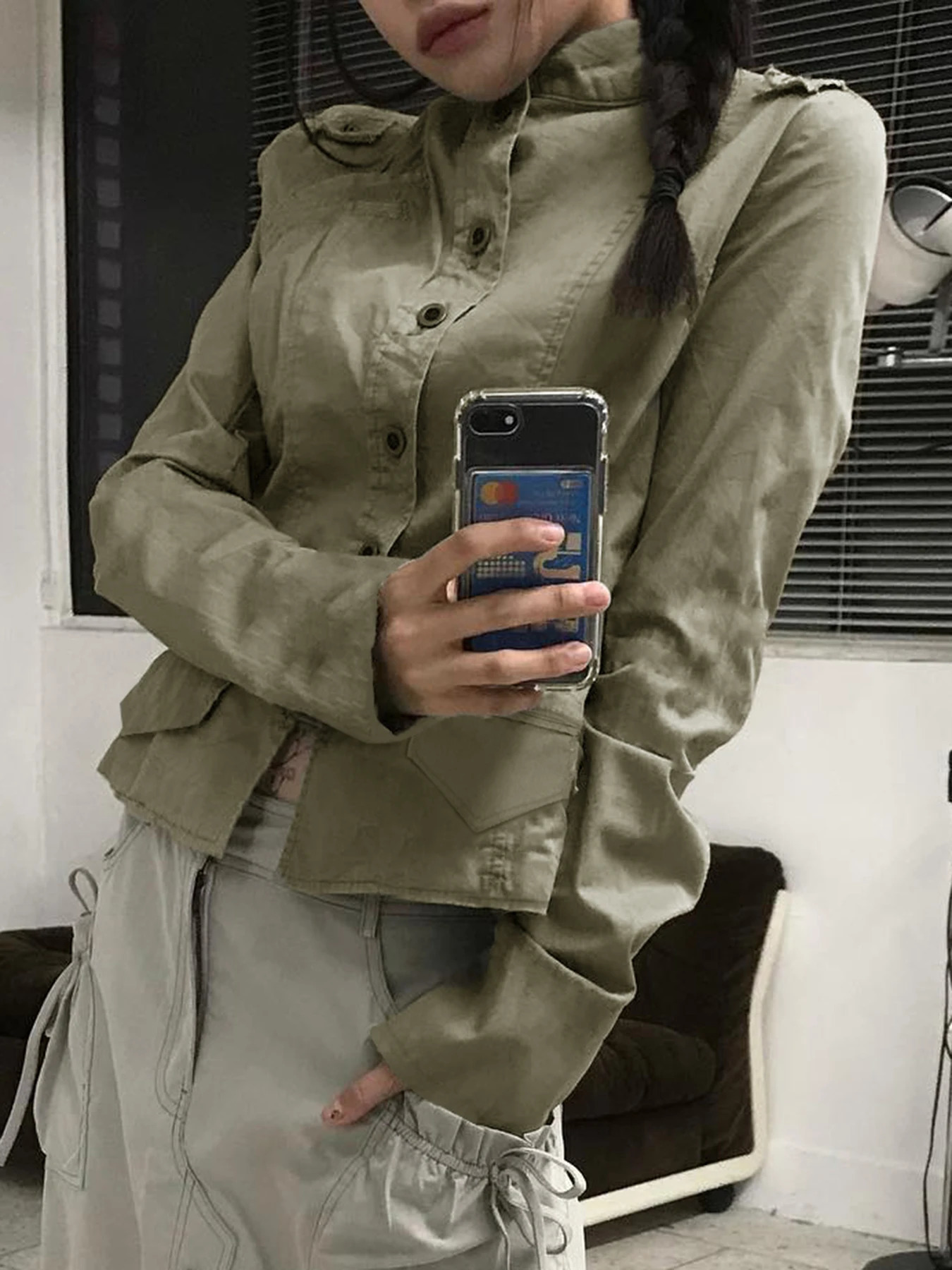 Retro green ultra-thin commodity jacket womens button up stand collar long sleeved autumn Korean fashion jacket 250321