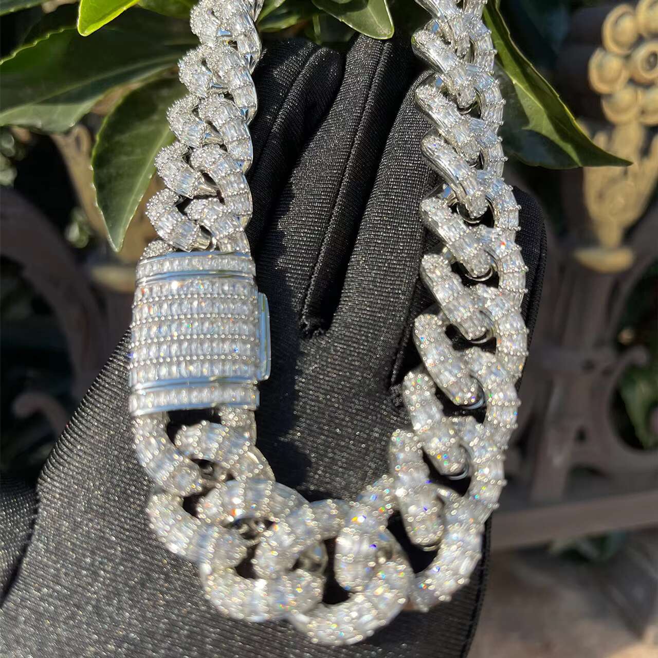 Cascade 24K Gold 925 Cuban Link Chain Flooded Ice Prong Set with Baguette Moissanite Necklaces in a Stylish Design