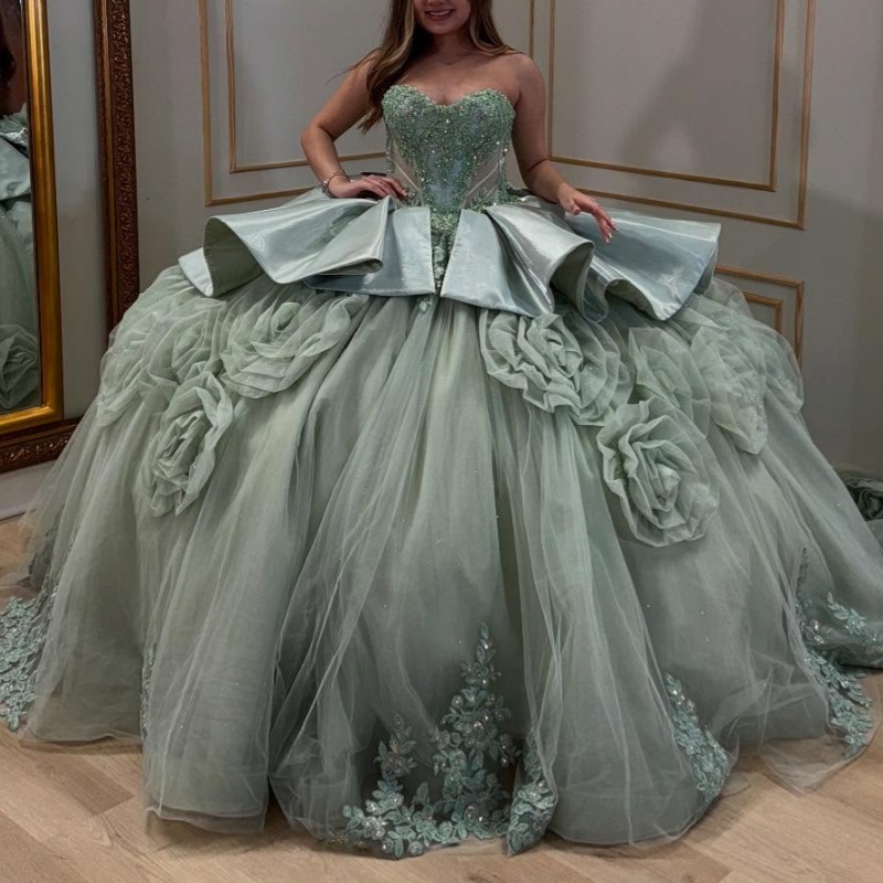 Green Shiny Princess Quinceanera Dresses Appliqued Flower Beads Tull Bow Sweet 16 Dress Off Shoulder Ball Gown Vestidos 15 De Anos