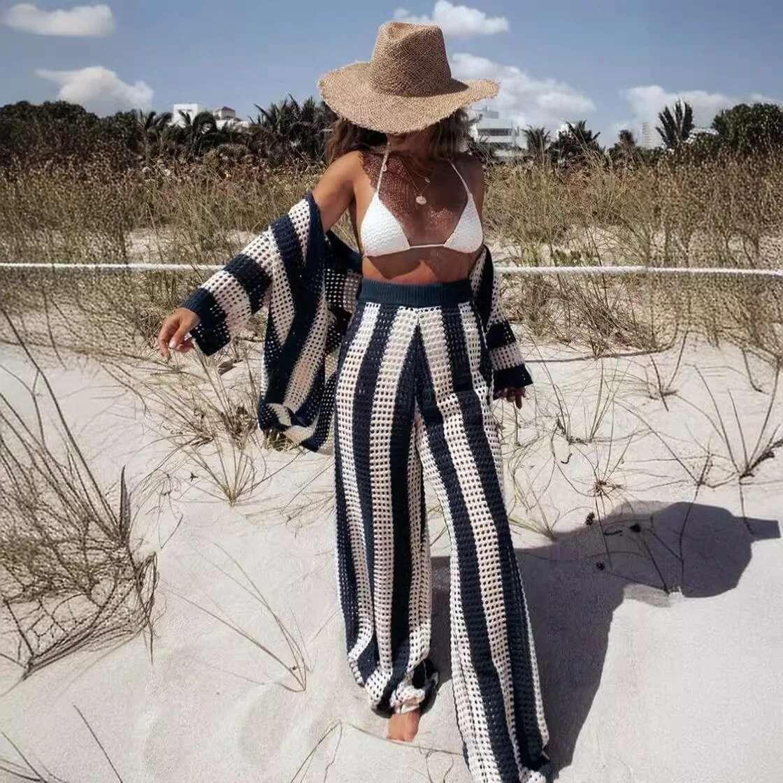 Fashion Beach Casual Women Suit Sexy Spring Summer Hollow Out V Neck Half Sleeves Wide Leg Pants Stripe Shirts Pant Sets