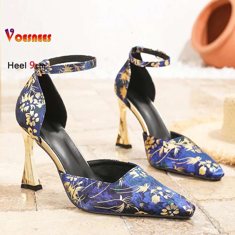 2025 Summer New Side Buckle Designer Fashion High Heels Satin Square Toe Party Women's Shoes