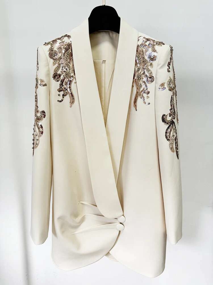 HIGH STREET Newest Fashion 2024 Designer vestido Women's Shawl Collar Beaded Draped Blazer Dress
