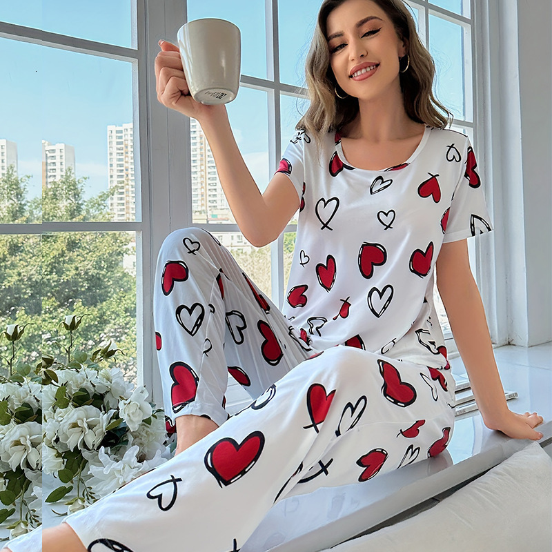 Spring/Summer New Women's Short sleeved Long Pants Home Fury Set Pamas