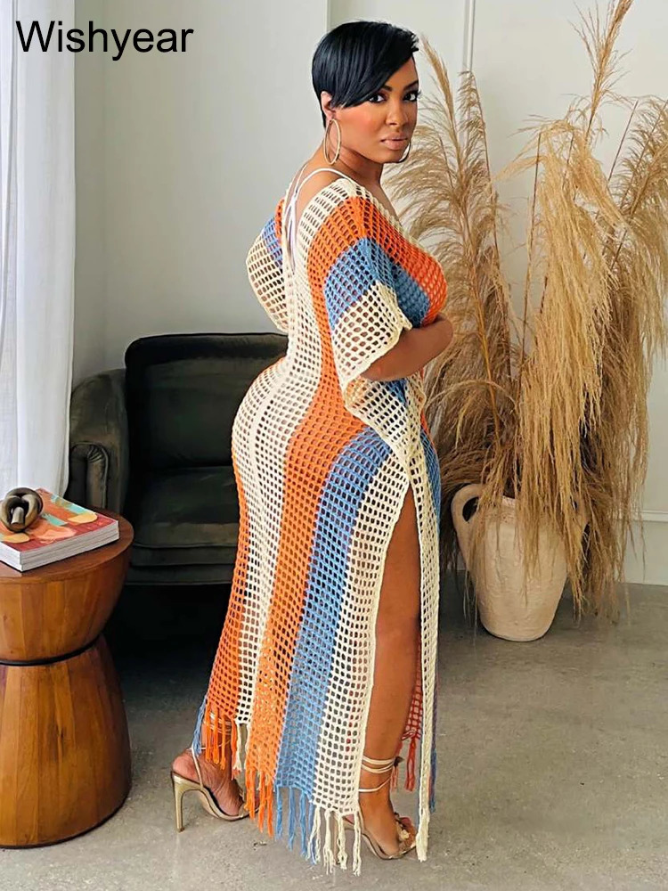 Rainbow crochet beach swimsuit womens sexy hollow knitted top short sleeved fringe swimsuit summer night club Vestido 250326