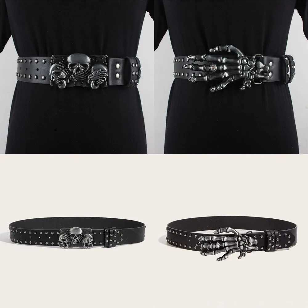 Punk Skull with Harajuku Gothic Leather Y2K Rivet Belt Skeleton Adjustable Hand Decoration Belt Mens and Girls Leather Belt Neutral Style W250326