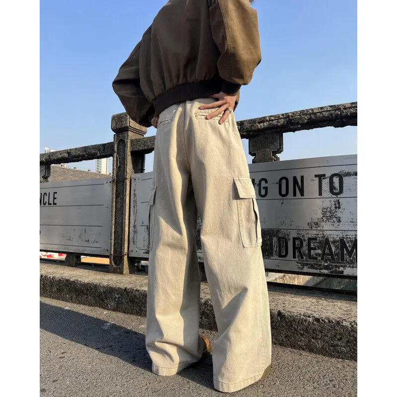 Mens casual work clothes cargo pants loose fitting straight and wide legs multiple pockets practical outdoor hiking durable heavy-duty 250324