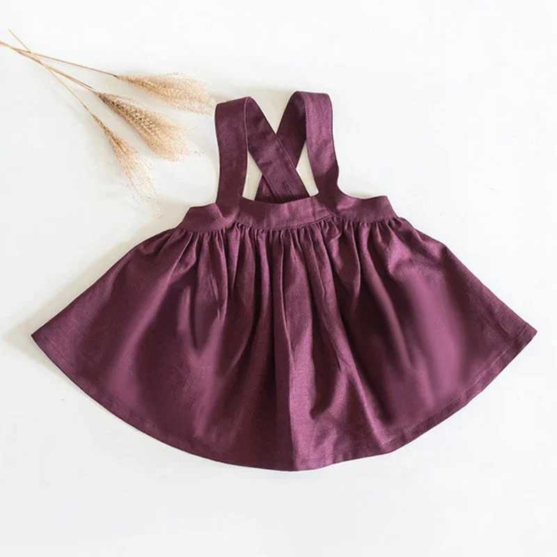 Retro girl adjustable shoulder strap linen fluffy leather autumn new French cotton linen casual loose childrens princess dress W250326