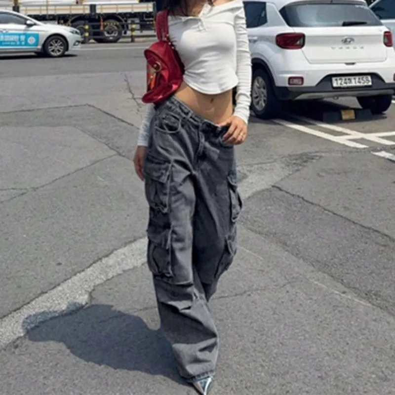 European and American retro style womens jeans loose fit slim fit high waist slimming straight leg pants work pants pocket pants 250321