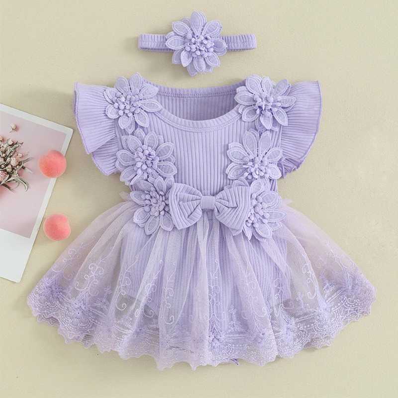 3D floral summer baby girl one-piece princess net newborn clothing lace splicing work ruffled tight fitting clothes headband childrens clothing W25032