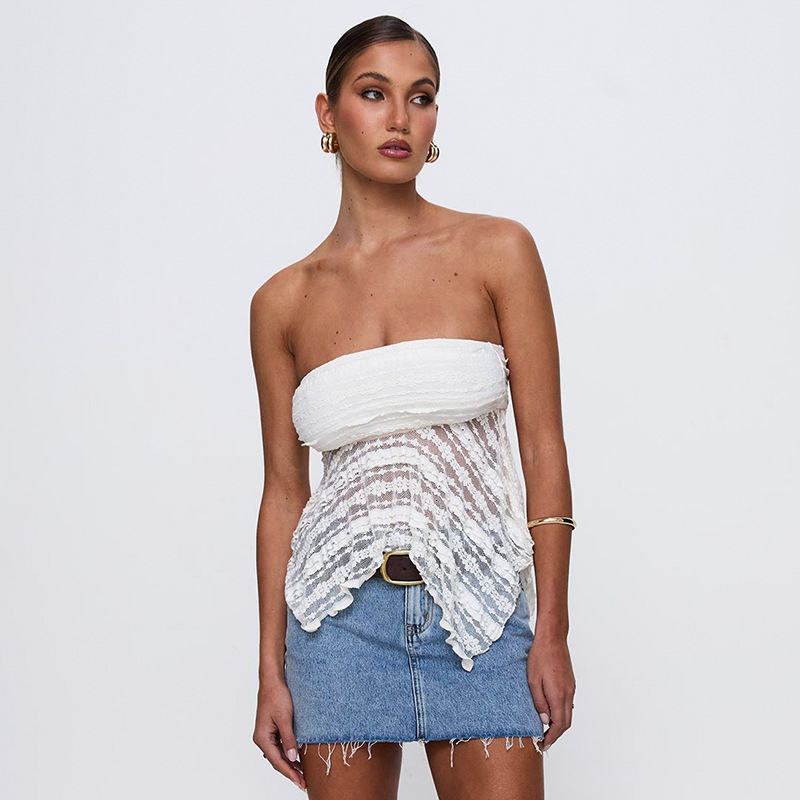 2025S Fashion Designer D TP Women S Spring And Summer New Sexy Lace Irregular Strapless T Shirt Top