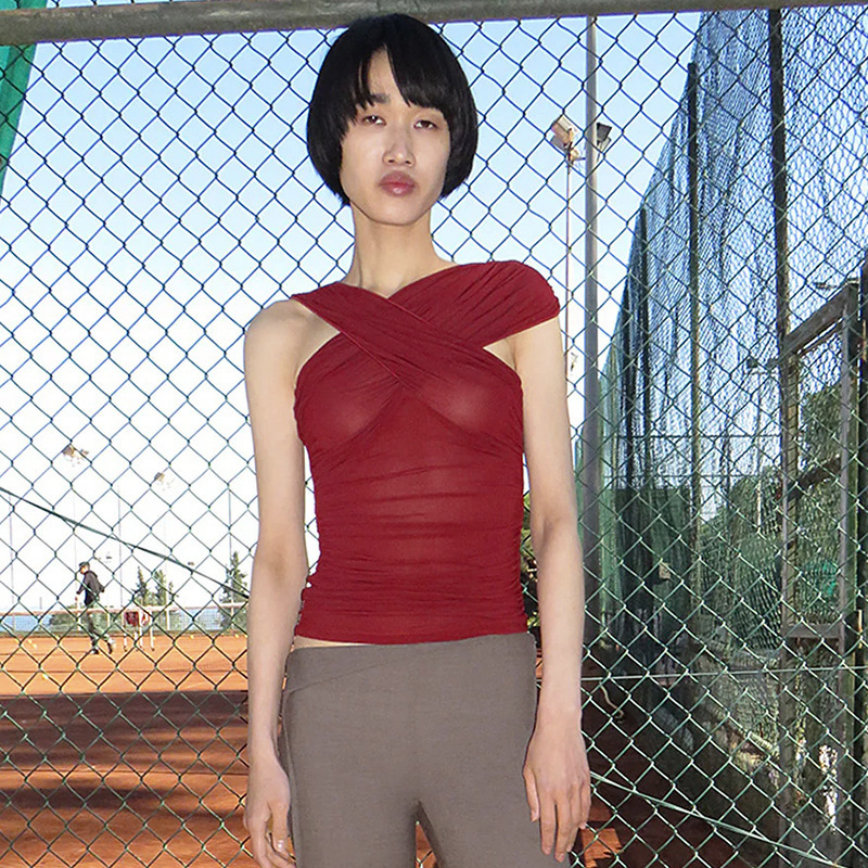 2025S Fashion Designer Q TP Women S Autumn Winter Irregular Cross Collar Perspective Shrinking Short Open Umbilical Top T Shirt
