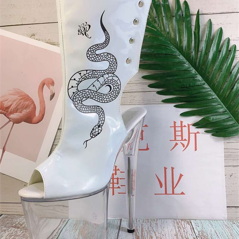 High Heel Cm Summer Round Headed Rattlesnake Pattern White Transparent Sole Women S Short Fish Mouth Boots All Waterproof Platform Low Tube