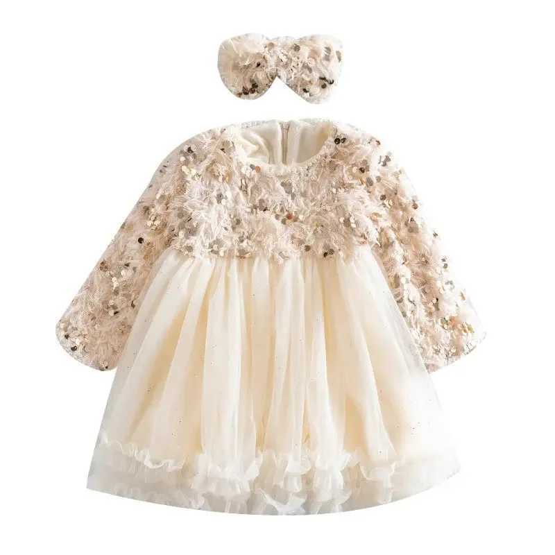 Childrens clothing girl dress 2023 winter new childrens plush and thick princess dress bow as a gift W250326