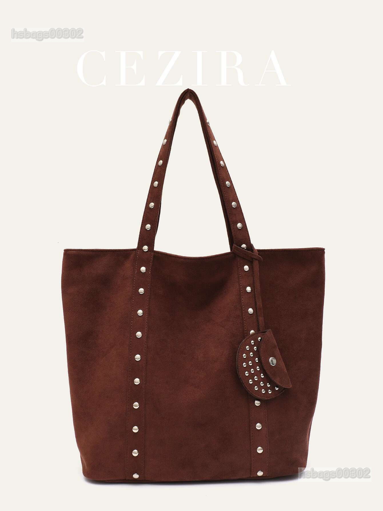 CR Brand Women's Fashion Faux Suede Fabric Tote Rivets Decor Large Shoulder Handbag Hanging With A Small Coin Purse Daily
