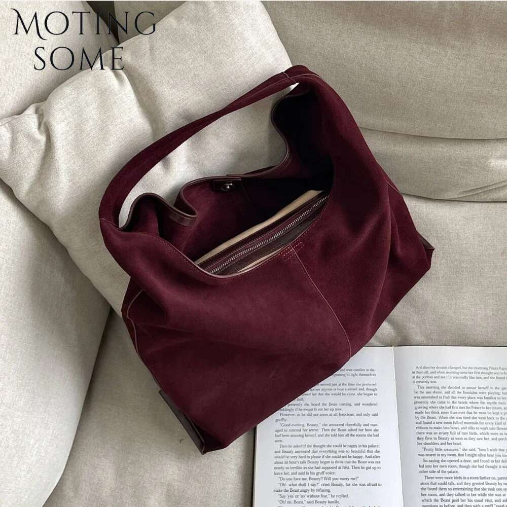 Motingsome Oversized 42Cm Women Bag Saddle Purses 100% Natural Suede Leather Causal Tote Rommy Commuting Purse 2024
