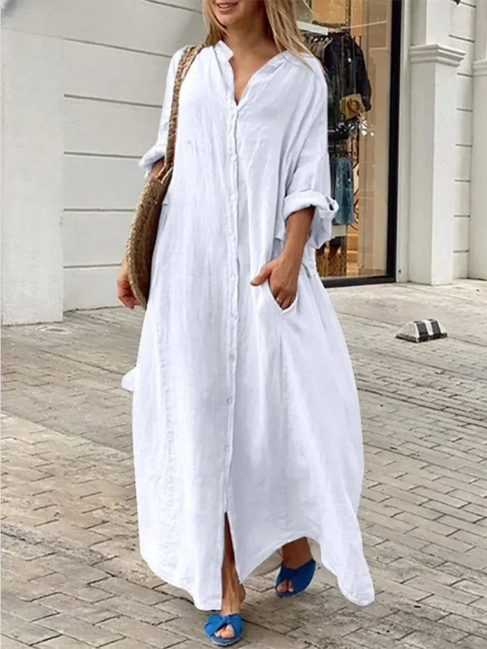2024 Spring Cotton Linen Oversize Women Dress Long White Button Loose Dresses Female Casual Trendy Elegant Ladies Clothes 250326