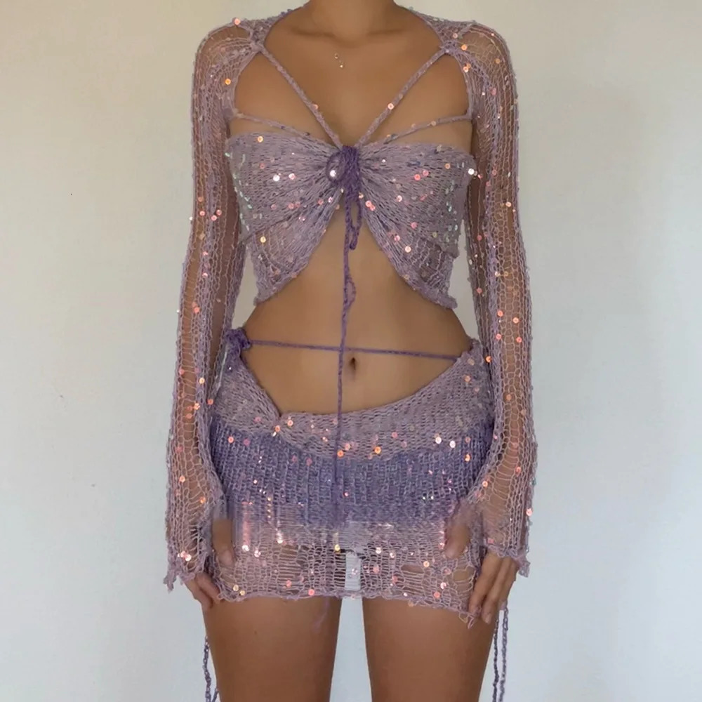 Crochet Knitted Dress 2-piece Ski Set Winter Womens Sexy Crop Top Elegant Knitted Glitter Dress 2-piece Set 250326